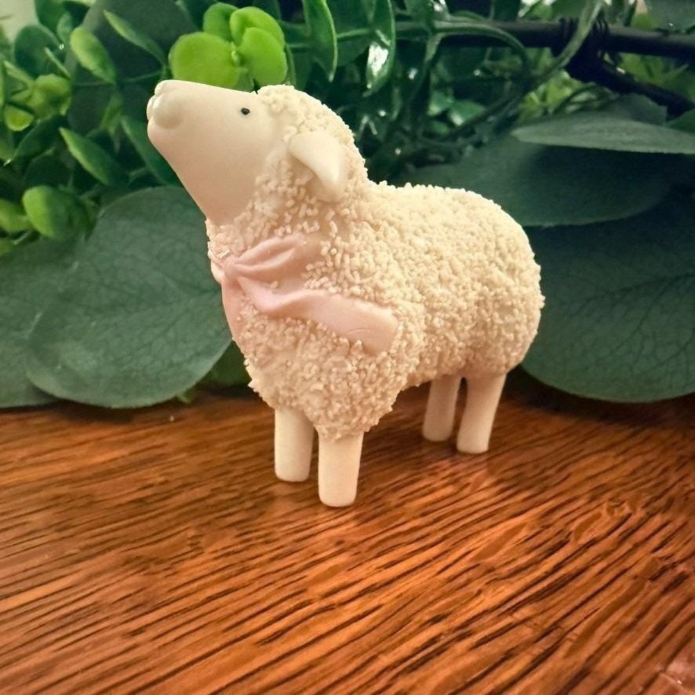 Vintage Lamb Figurine 1980s Bow Textured Fleece Miniature Nursery Easter Decor